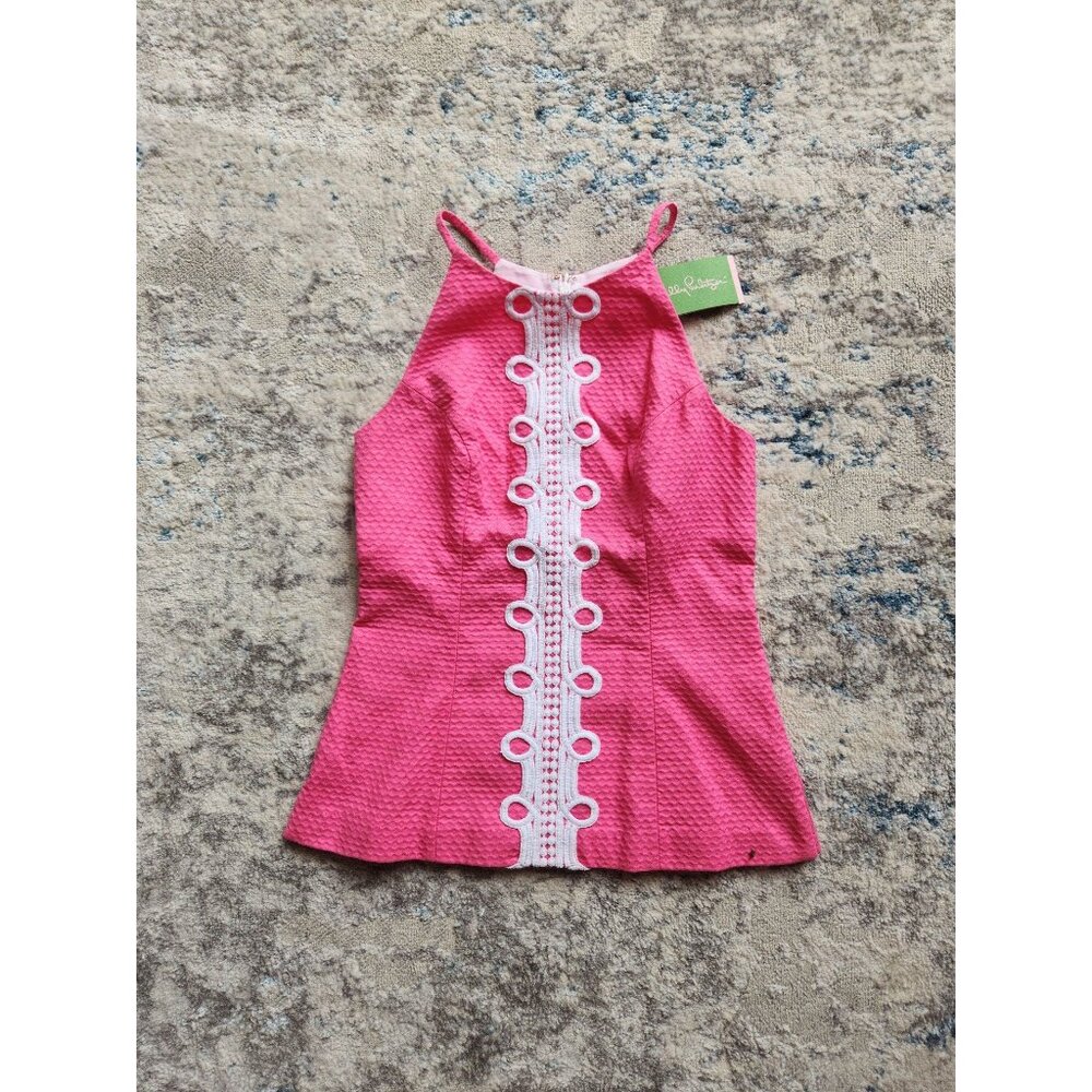 NWT Lilly Pulitzer Womens Size 0 Hot Pink Pique Embroidered Annabelle Halter Top